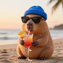 a photorealistic picture of a knitted cute Capybara wearing sunglasses and dressed in a blue beanie cap. The Capybara is sipping out of a refreshing cosmopolitan drink at the beach during sunset. The image is Trending on Artstation, featured on Behance, well-rendered, fine detail, extra crisp image, Unreal Engine, 4K HD