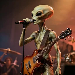 hyperrealistic image of alien singing at a rock concert in the 1 9 6 0 s