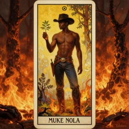 a dramatic fiery ethereal epic painting of a handsome! black cowboy offering a small plant | he is shirtless and wearing a hat and boots | background is a fiery! burnt burning forest | tarot card, art deco, art nouveau, homoerotic | trending on artstation