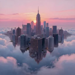 a beautiful city floating in the clouds during a pink sunset, oil painting, dramatic fantasy lighting