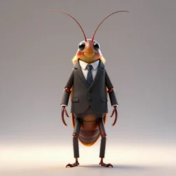 full body shot of a thin anthropomorphic cockroach wearing a suit with a tie, with long antennae, best of artstation, backlighting, 8k, hyper detail illustration, symmetrical, correct proportions, 3d render