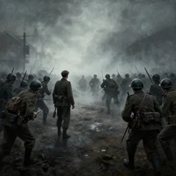 a painting of jeremy mann, street view of a world war ii battle between soldiers 1 9 4 0, dramatic vignette, dramatic lighting, dreamy, misty, desaturated, ominous, unsettling, creepy