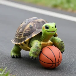 a happy tortoise riding a basketball on the road, close up, dslr photo