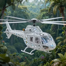 helicopter made of diamonds, scifi, alien design, tropical forest, cinematic, detailed, sharp focus, high quality, 4 k, high detail, trending on artstation