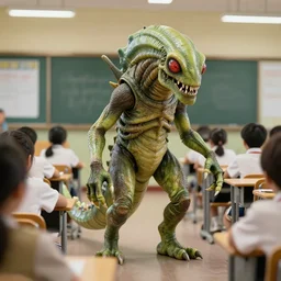 A photo of a Demogorgon going to monster school. Very detailed composition.