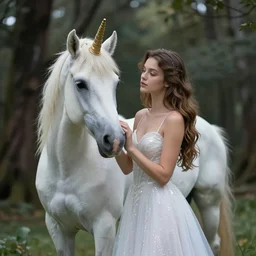 beautiful scene render of a beautiful girl and unicorn in the woods, sparkling, perfectly shaded, atmospheric lighting, hyper detailed, 8 k