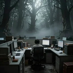 madness and fog in 90s cubicle office in the style of Silent Hill