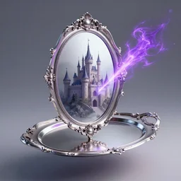 a mirror in the shape of an antique silver tray floating and shooting purple magic in a castle, digital art
