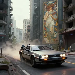photograph of the delorean driving down the streets of a cyberpunk abandoned city, by greg rutkowski, by stanley artgerm, by alphonse mucha