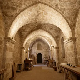 wide angle picture of a tall and narrow vaulted medieval cellar. Stone and lime mortar. Diy workshop, shot with 11-16mm Sigma on a 80D