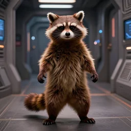 film still of rocket the raccoon standing in the hallway of a space ship from guardians of the galaxy, confident action pose, craig mullins, octane