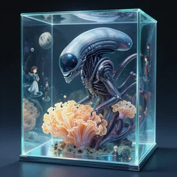 high intricate xenomorph alien made of tremella - fuciformis inside a glimmering glass box, vast ocean surface, maria panfilova, andrea savchenko, mike kime, ludovic plouffe, qi sheng luo, oliver cook, makoto shinkai, trending on artstation
