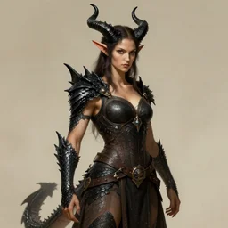 Humanoid woman, with black horns instead of ears, some black scales around his body, dragon tail, battle garments, fighter, high fantasy, portrait, by leonardo da vinci, artstationHD