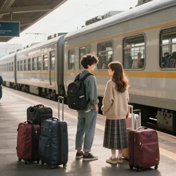 Cute young couple waits for a train, with a lot of baggage on a platform, trains in the background, low angle, morning hard light, realistic digital art