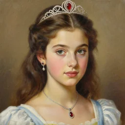clothed in blouse, tiara, necklace, earrings. close - up face portrait painting of young princess, rule of third, intricate details, by boris vallejo.