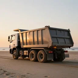 a dump truck chilling on the beach, sunset