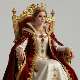model Emma Watson sitting on queens throne royalty wearing royal mantle gold jewelry by moebius and atey ghailan by james gurney by vermeer by George Stubbs unreal engine raytracing cgsociety blender