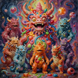 a very high hyperdetailed painting with complex textures of a group of monsters united within a larger monster, made of candies and psychotropic psychoactive substances psychedelic fulcolor spiritual chaos surrealism horror bizarre psycho art