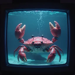 robot cute cyborg - crab underwater, in 2 0 1 2, bathed in the the glow of a crt television, crabcore, low - light photograph, photography by tyler mitchell