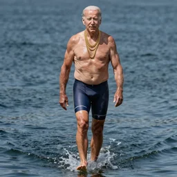 super muscular joe biden wearing cycling shorts and gold chains walking on water, elegant, real life skin, intricate, high detailed, artstation, concept art, smooth, sharp focus, art by artgerm and greg rutkowski