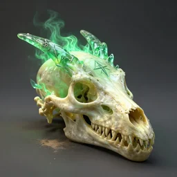 hyperrealistic octane render of a dragon skull made of glass, necromancer's runes on the dragon skull, green fire, pale yellow bones, dusty, rendered by beksinski, rendered by artez, rendered by greg rutkowski