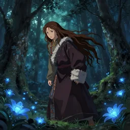 beautiful Himalayan woman, sci-fi tibetan fashion, brown very very long hair, somber, scene of a summer forest with glowing blue lillies, dramatic light, wide angle, dramatic pose, dramatic angle , 8k hdr pixiv by Makoto Shinkai and Wojtek Fus
