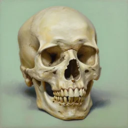 a rough portrait of an old skull, pale green background, oil painting
