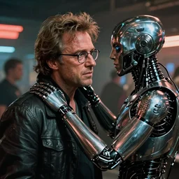 dustin hoffman as rick deckard in blade runner, directed by ridley scott, movie still, bespectacled, harried, tired, fighting an android in a cyberpunk nightclub