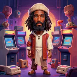 stylish caricature 3 d vfx drew struzan movie poster art of an african jesus surrounded by retro gaming consoles & arcade machines, art style by james jean & hsiao - ron cheng, unreal engine render, digital illustration, sharp, intricate detail, volumetric lighting, ray tracing, soft light, neon, claymation style, ernie barnes style, symmetry, acrylic on canvas, pinterest, art