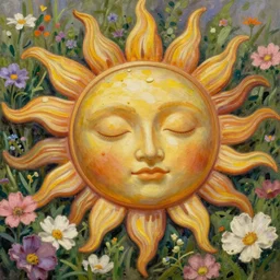 sleepy sun face, flowers field, highly detailed, oil painting, smooth, sharp focus, illustration, art by artgerm and greg rutkowski and alphonse mucha