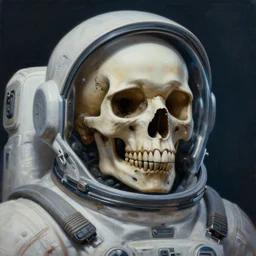 an artistic painting shows a skull wearing a space suit, hyper realism, epic scale, cinematic shot, volumetric realistic, cinematic lighting