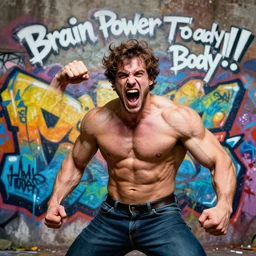 A muscular nerd screaming 'Brain Power To Body!!' his intellect is transformed to physical power, grafitti art
