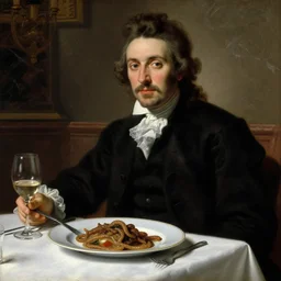 baroque oil painting handsome aristocrat in elegant black suit in a restaurant, dish with cooked sandworm from dune on a plate, painted by cushart krentz jeremy mann peter paul rubens, wine glass, marble interior, close up shot, soft lighting, dark color scheme, white tablecloth, baroque style, volumetric lighting, photo realistic, highly detailed