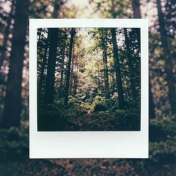 polaroid style of a surreal artsy dream forest backdrop overlay, double exposure