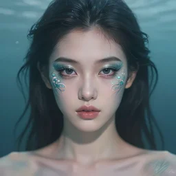 portrait of mermaid, close - up, zoom, rule of thirds, haze, intricate, anime, symmetrical!!, makeup, loreal, maybelline, sephora, trending on artstation, art by greg rutkowski and genzoman, and artgerm, filmic, vsco, moody, concept art, digital painting, depth of field, cg society, elegant, model