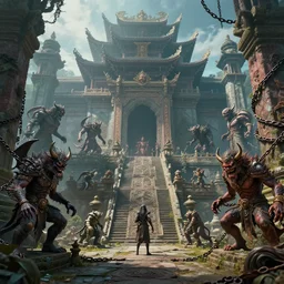 various demons and monsters sealed by chains in old asian temple, beautiful texture, beautiful graphics, fantasy artwork, very beautiful scenery, hd, hdr, ue 5, ue 6, unreal engine 5, cinematic 4 k wallpaper, 8 k, ultra detailed, by popular digital, details, beautiful image ever created, high resolution, artstation, award winning