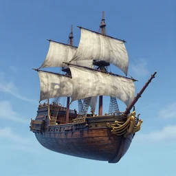 a 4 k fantasy matte painting of pirate ship. floating through the sky, blue artstation