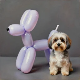 impressionist painting of a balloon animal in the shape of a dog mixed with a realistic dog