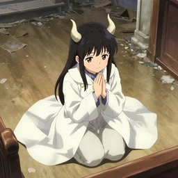 cute japanese girl with small horns, dressed in an old white coat, praying on the floor of a destroyed church, with an elegant smile, view from above, detailed artwork by Yoji Shinkawa and Katsuhiro Otomo