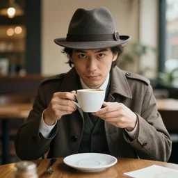 a 5 0's detective having a cup of coffee
