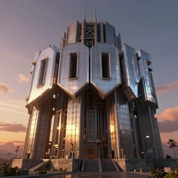 a level from the 1993 computer game Doom, brutalist architecture, stunning volumetric light, sunset, metal, concrete and translucent material, stunning skies, majestic landscape, trending on Artstation, 8k, photorealistic, hyper detailed, unreal engine 5, IMAX quality, cinematic, epic lighting, in the style of Greg Rutkowski