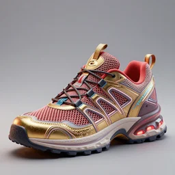 realistic 3 d render of a futuristic sneaker, beautiful studio lighting, soft, sharp focus, neon cyberpunk highlights, intricate detail, gold and red fabric, soft rubber, textured plastic, hexagon mesh, filigree, octane render, side view, close up, trending on artstation, deviantart, nike, adidas, converse, reebok, salomon