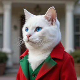a white cat with blue eyes wearing a red and green formal overcoat, hyperrealistic, concept art, octane render, unreal engine 5, realistic and defined face, profile picture, digital art, pixar and disney style, symmetrical, high quality, highly detailed, high coherence, path traced, house background, low contrast, beautiful