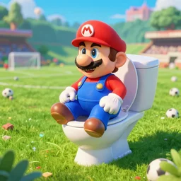 higly detailed art of mario sitting on a toilet!!!!!!!!! in a middle of the soccer!!!!!!! field!!!!!!!, fantasy art, very beautiful digital art, volumetric lighting, fantasy art, stephen bliss, 8 k, fantasy art by greg rutkowski, global illumunation, 8 k, toilet,