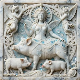 intricate colourfully painted carved Soapstone relief paneling, white and pale blue , celestial, pig, piglet, piggy, pig goddess, mother earth, Earth Goddess mythology, Gaia, angels, divinity, Ghostly, crystaline celtic, insanly detailed , artstation, wallpaper, hyper realistic, realistic lighting
