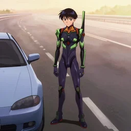 anime illustration of lonely ikari shinji standing near his eva - 0 1 car on an empty highway wearing a black plugsuit at dawn, cinematic lighting, evangelion anime poster, rebuild of evangelion 1 0 8 0 p, 9 0 s anime aesthetic, volumetric lights, rule of thirds, unreal engine render, pinterest wallpaper, trending on artstation