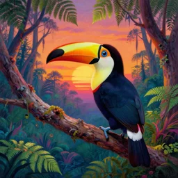 a colorful toucan bird sitting on a tree watching the sunset by henri rousseau, colorful glowing fern forest, 4 k, hyper detailed, distant, psychedelic art, acid pixie