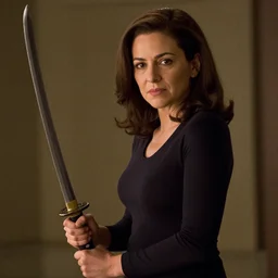 Movie still of Sheryl Sandberg holding a katana in Kill Bill