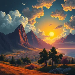 clouds, sun come up, lucid, large village, mountains, symetric, dreamistic, fluxication, volumetric lighting, black, orange, purple, near the beach, big trees by mc escher, colorized by salvador ross gogh