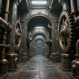 passageway inside a giant machine, digital art, fantasy art, cogs and pipes, tiles on floor